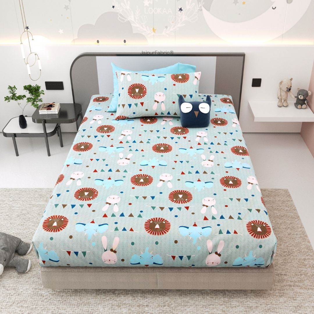 Animal Carnival Pastel Blue Soft Cotton Kids Bed Sheet