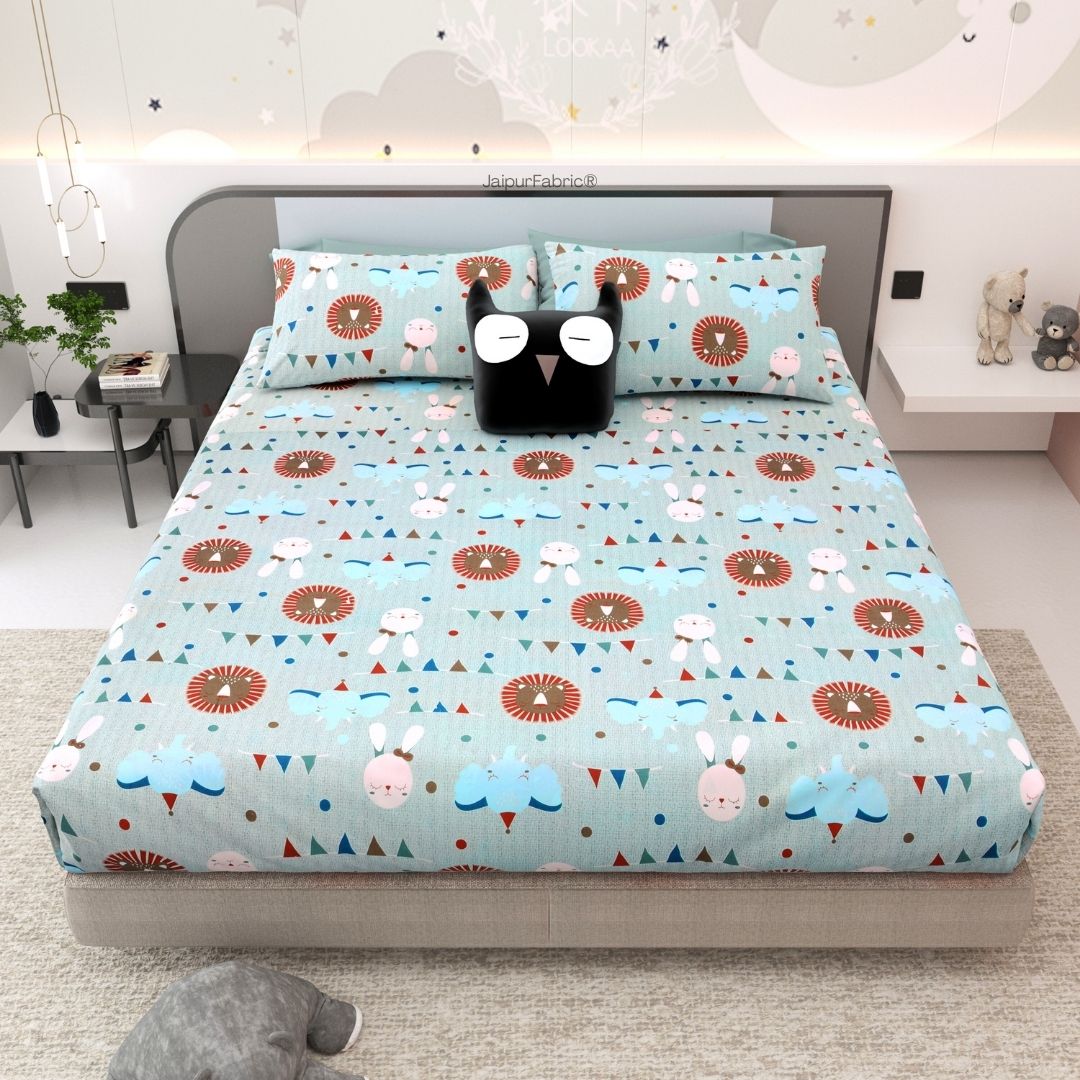 Animal Carnival Pastel Blue Soft Cotton Kids Bed Sheet