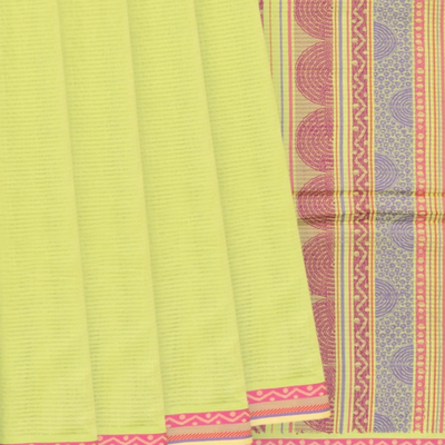 Cardamom Green Handloom Organic Kanchi Cotton Saree With Stripes-Cardamom Green