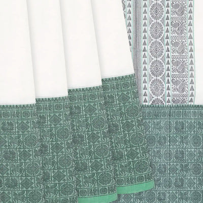 White Handloom Kanchi Cotton Saree With Annam Motifs In Ganga Jamuna Border-White