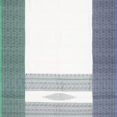 White Handloom Kanchi Cotton Saree With Annam Motifs In Ganga Jamuna Border-White