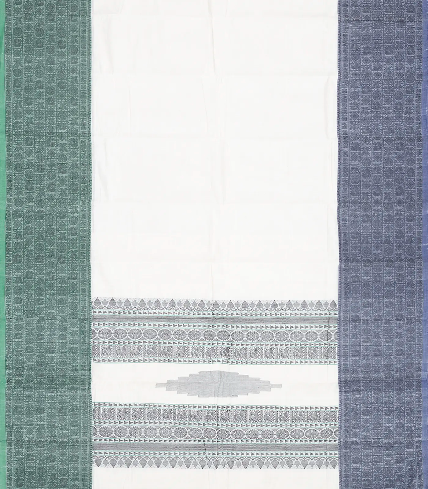 White Handloom Kanchi Cotton Saree With Annam Motifs In Ganga Jamuna Border-White