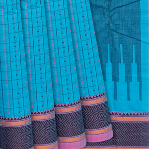 Sky Blue Handloom Kanchi Cotton Saree With Checks-Sky Blue