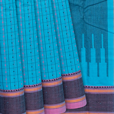 Sky Blue Handloom Kanchi Cotton Saree With Checks-Sky Blue