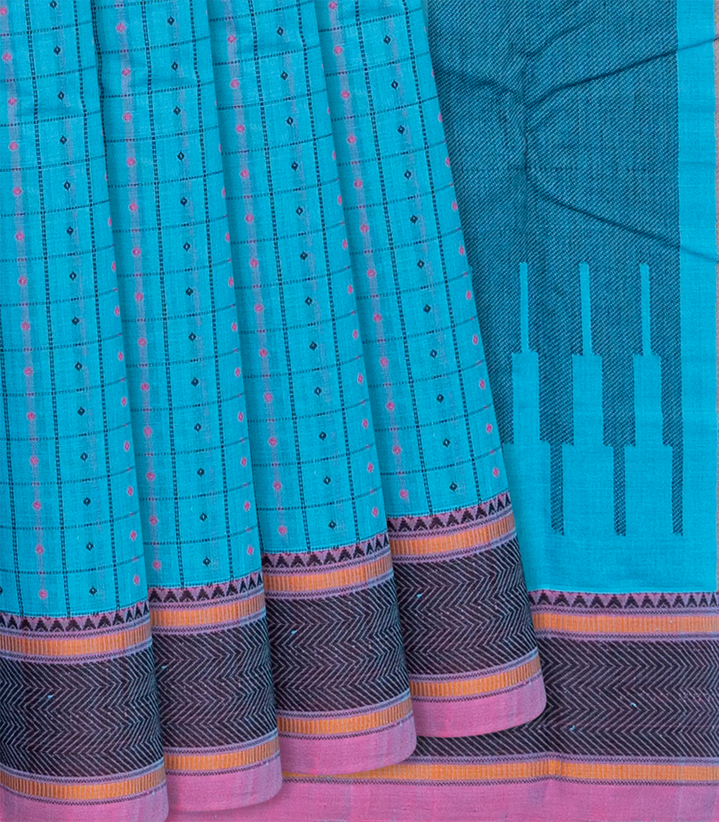 Sky Blue Handloom Kanchi Cotton Saree With Checks-Sky Blue