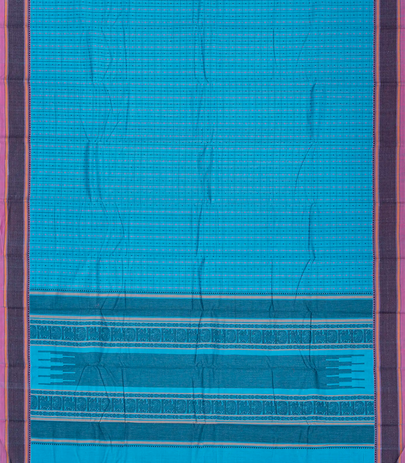 Sky Blue Handloom Kanchi Cotton Saree With Checks-Sky Blue