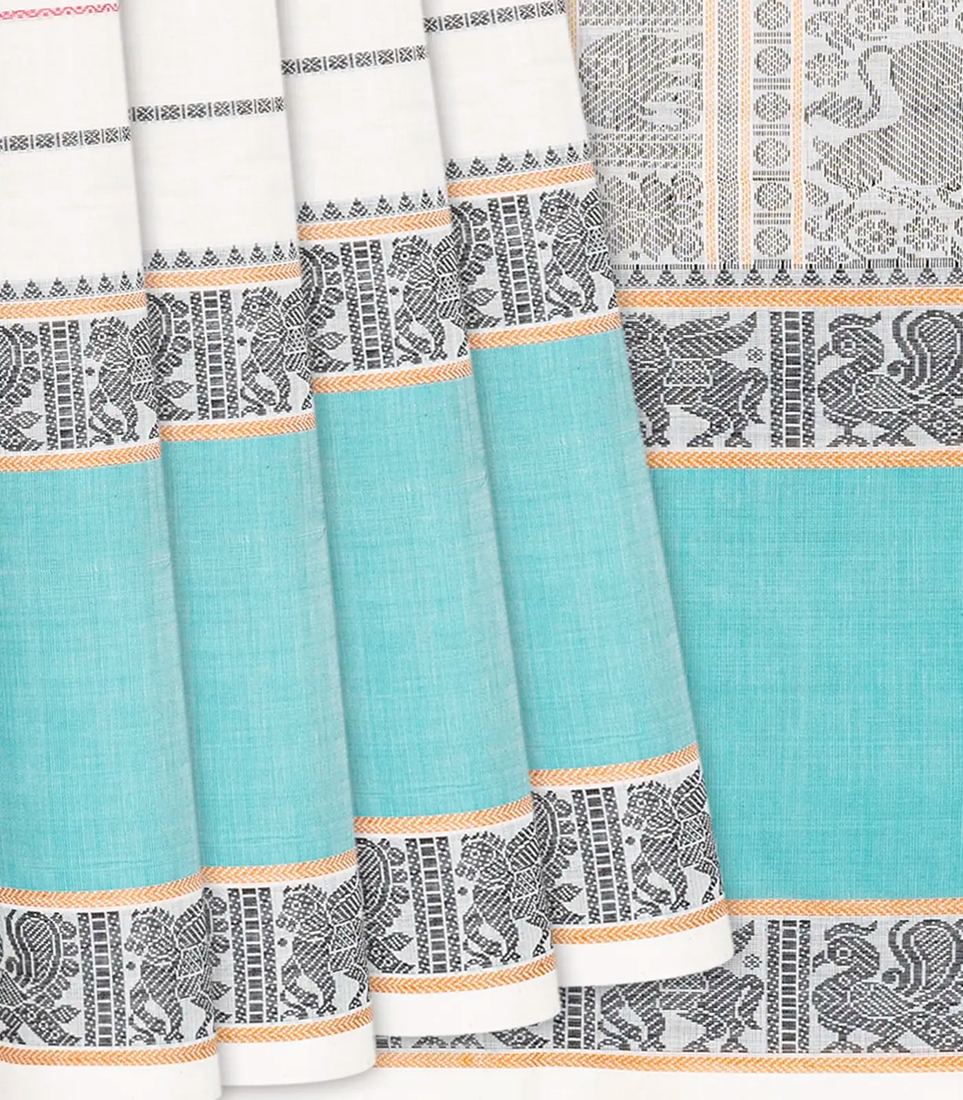 Off White Handloom Kanchi Cotton Saree With Stripes-Off White