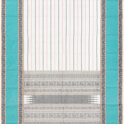 Off White Handloom Kanchi Cotton Saree With Stripes-Off White