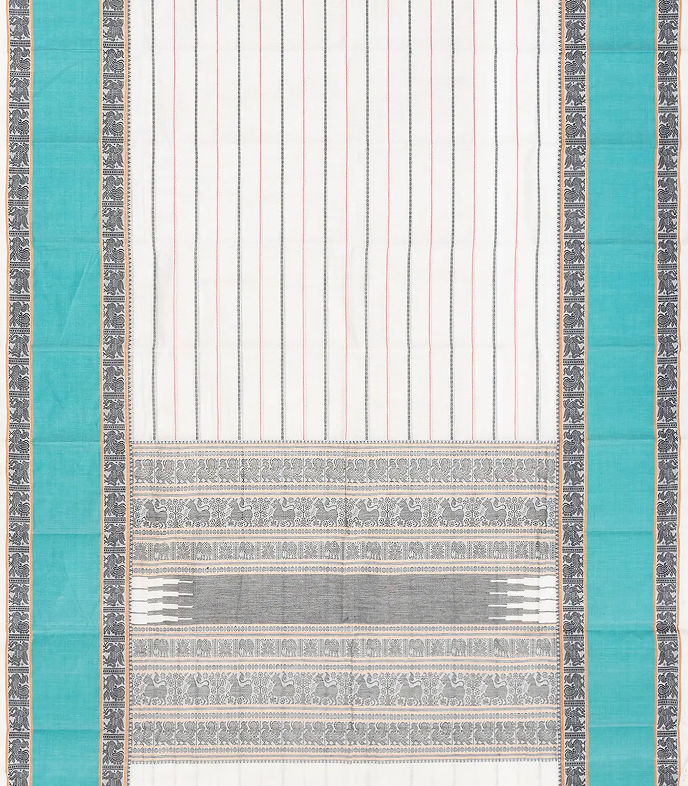 Off White Handloom Kanchi Cotton Saree With Stripes-Off White