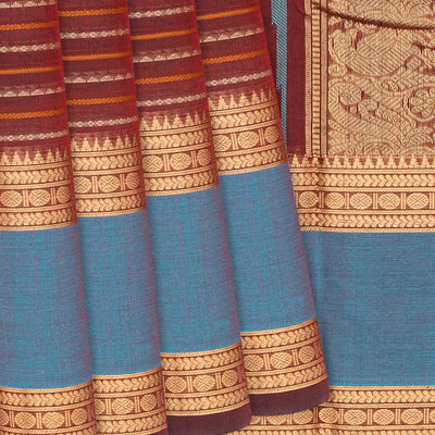 Maroon Handloom Kanchi Cotton Saree With Beldari Stripes-Maroon