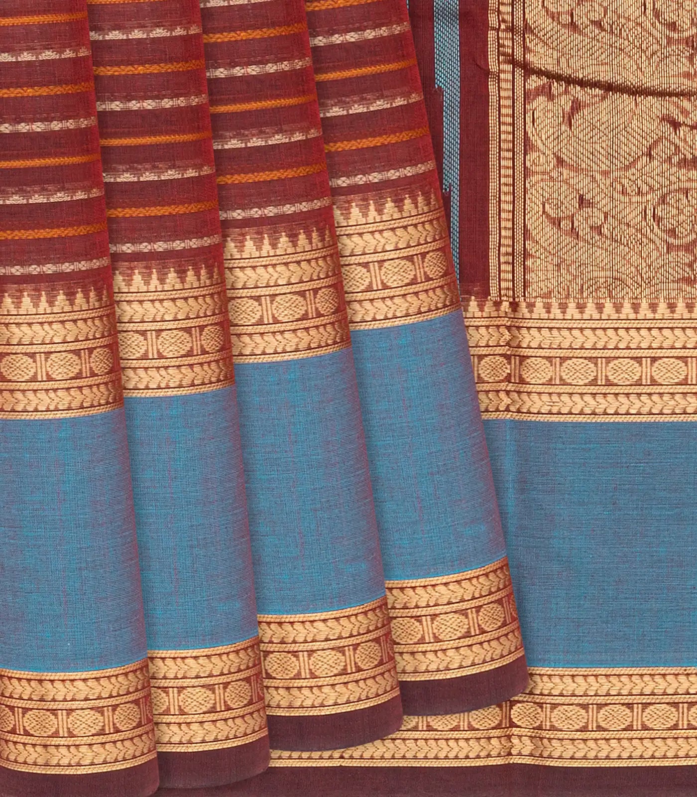 Maroon Handloom Kanchi Cotton Saree With Beldari Stripes-Maroon