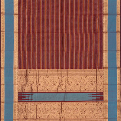 Maroon Handloom Kanchi Cotton Saree With Beldari Stripes-Maroon