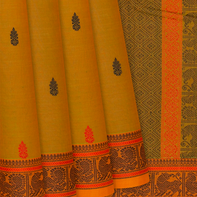 Oil Mustard Handloom Kanchi Cotton Saree With Kalasam Motifs-OIL MUSTARD