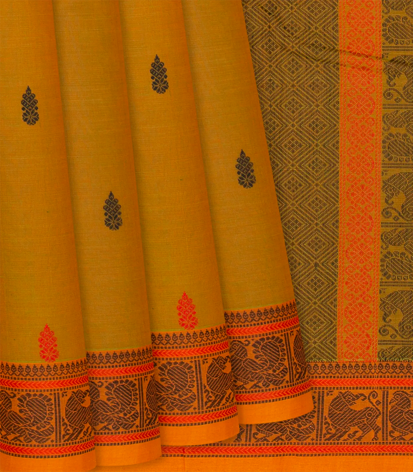 Oil Mustard Handloom Kanchi Cotton Saree With Kalasam Motifs-OIL MUSTARD