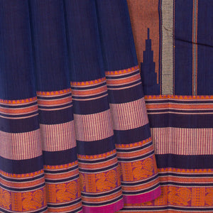 Navy Blue Handloom Plain Kanchi Cotton Saree -Navy Blue