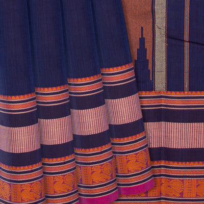 Navy Blue Handloom Plain Kanchi Cotton Saree -Navy Blue