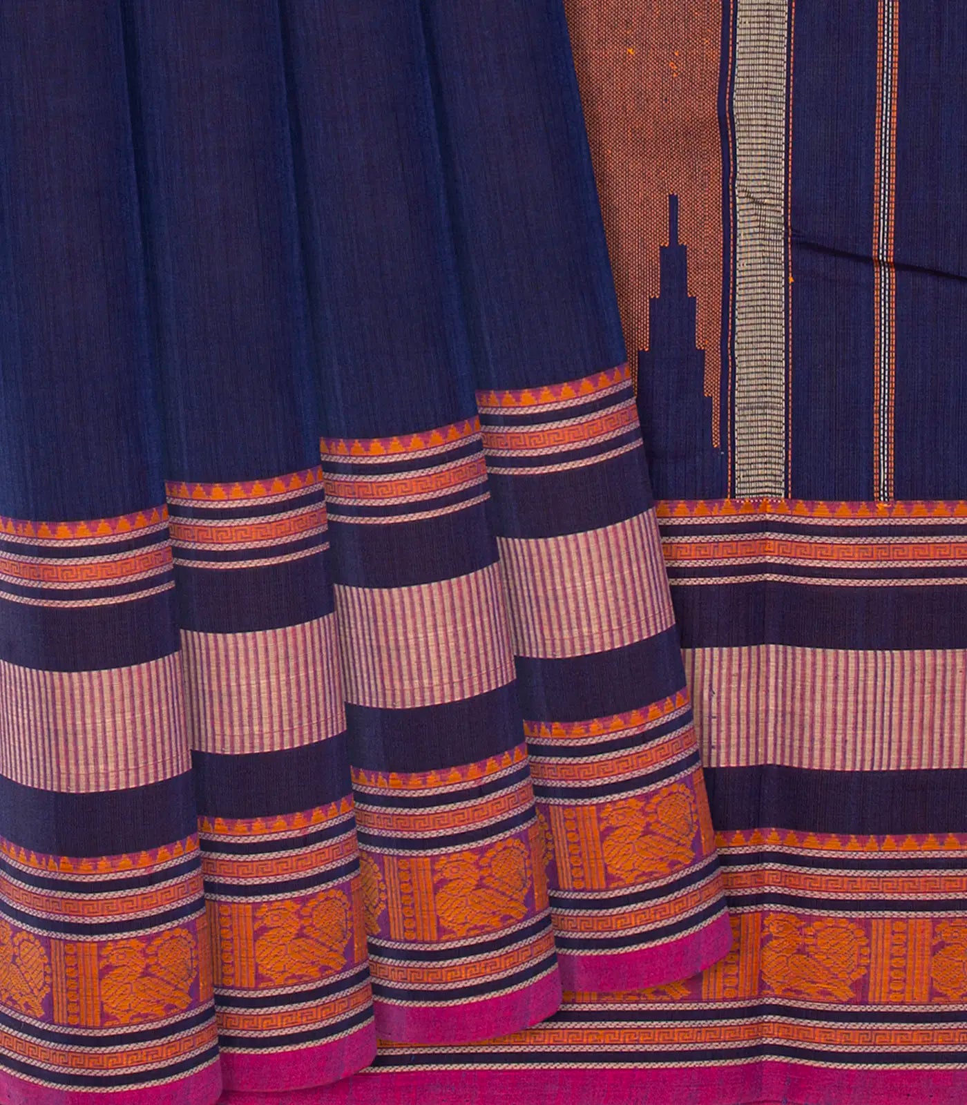 Navy Blue Handloom Plain Kanchi Cotton Saree -Navy Blue