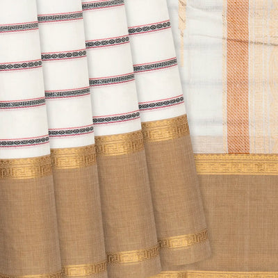 White Handloom Kanchi Cotton Saree With Stripes-White