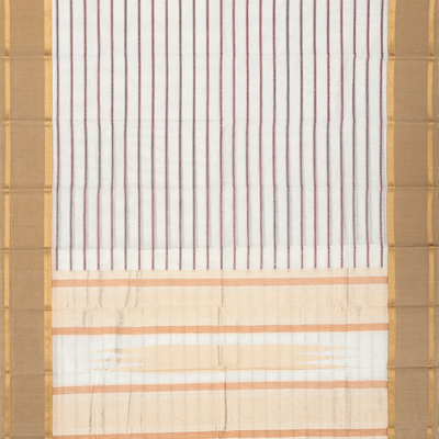 White Handloom Kanchi Cotton Saree With Stripes-White
