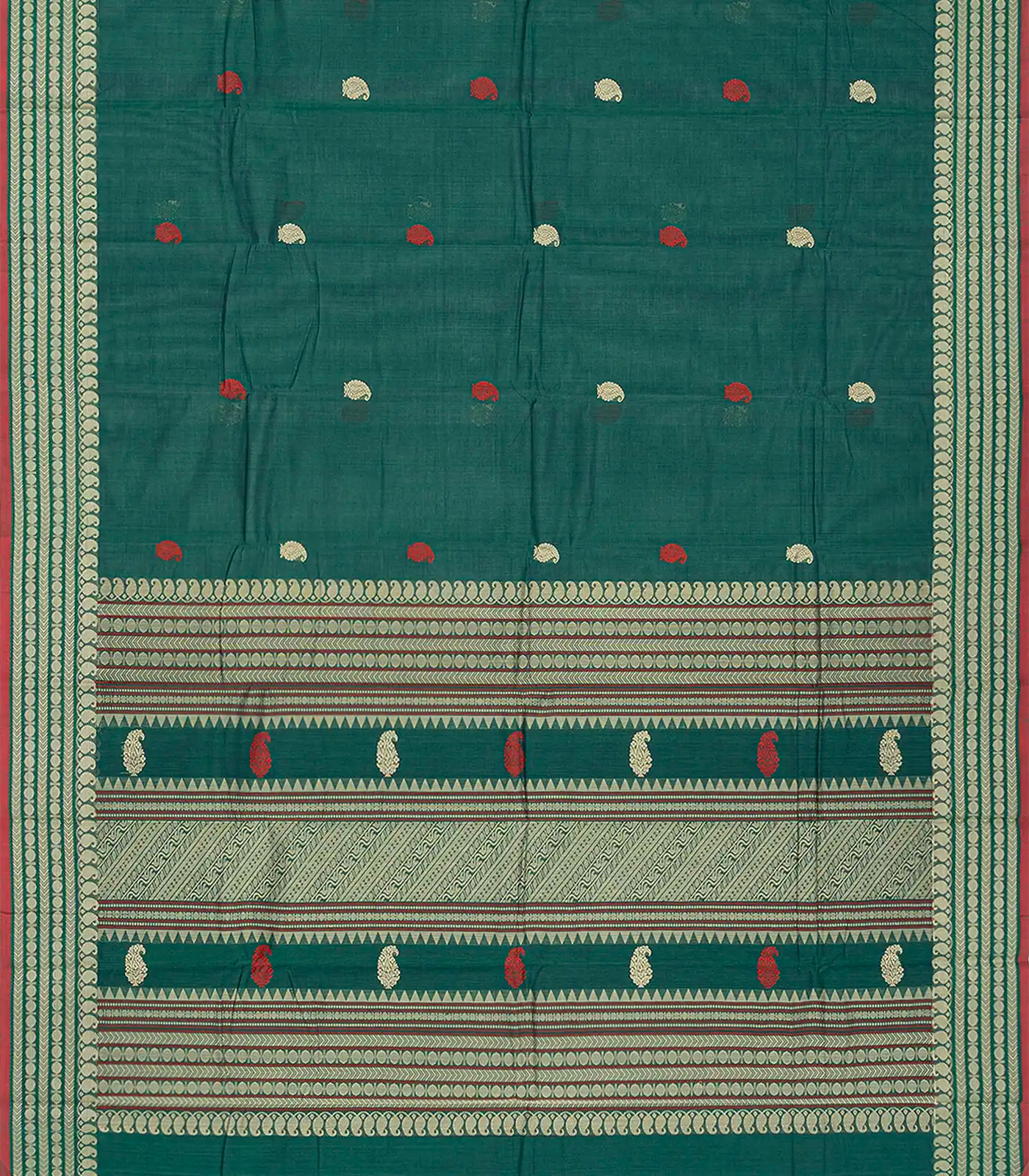 Sea Green Handloom Kanchi Cotton Saree With Mango Buttas-Sea Green