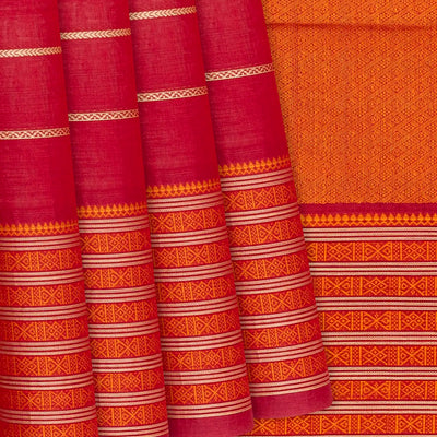 Red Handloom Kanchi Cotton Saree With Veldari Stripes-Red