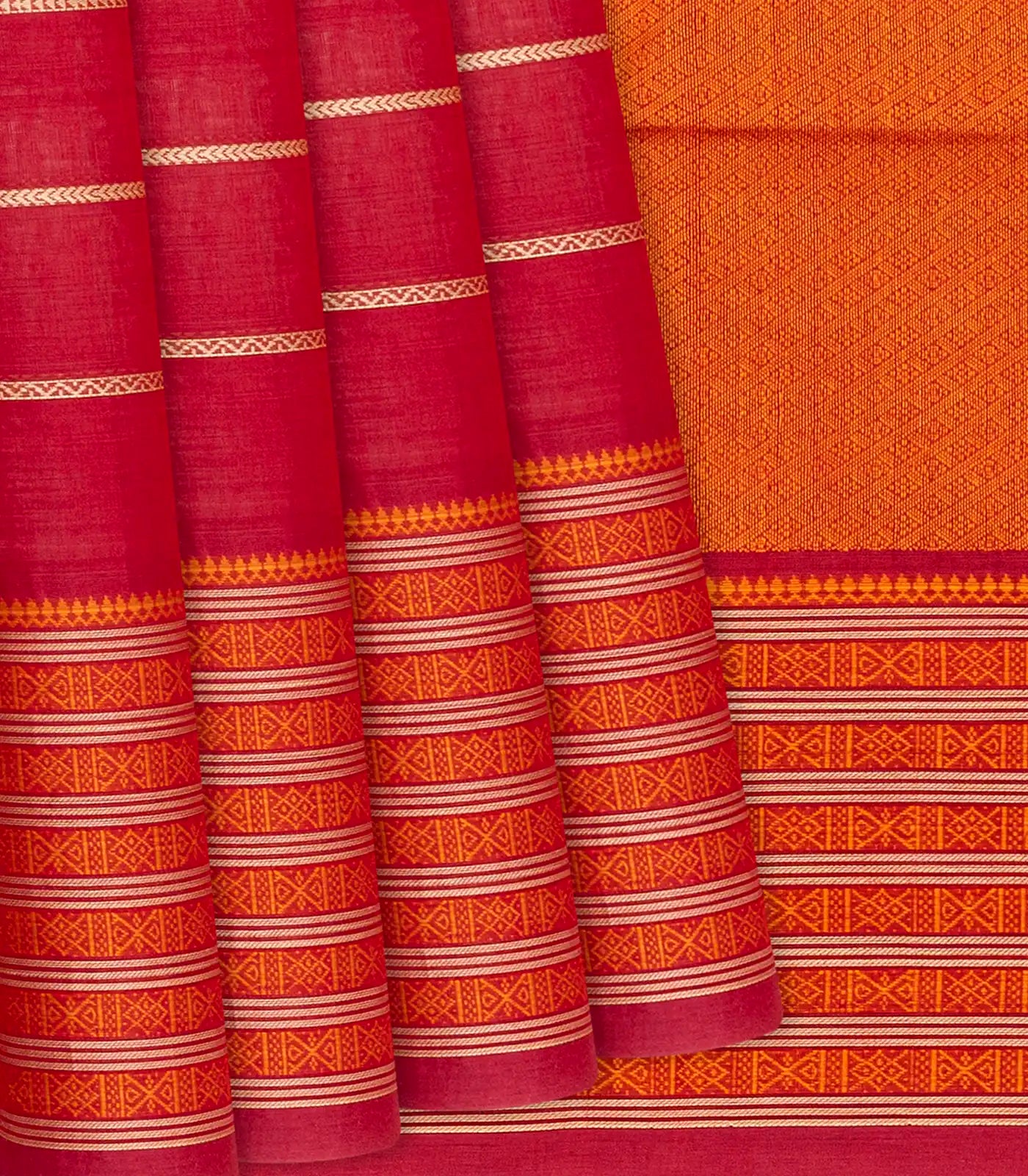 Red Handloom Kanchi Cotton Saree With Veldari Stripes-Red