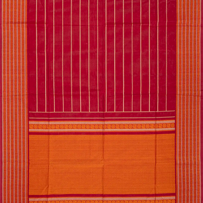 Red Handloom Kanchi Cotton Saree With Veldari Stripes-Red
