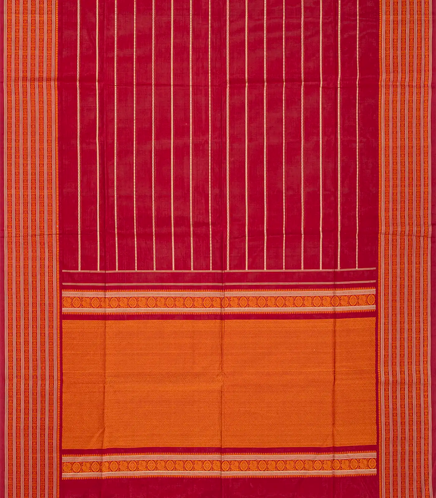 Red Handloom Kanchi Cotton Saree With Veldari Stripes-Red