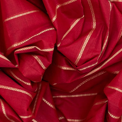 Red Handloom Kanchi Cotton Saree With Veldari Stripes-Red