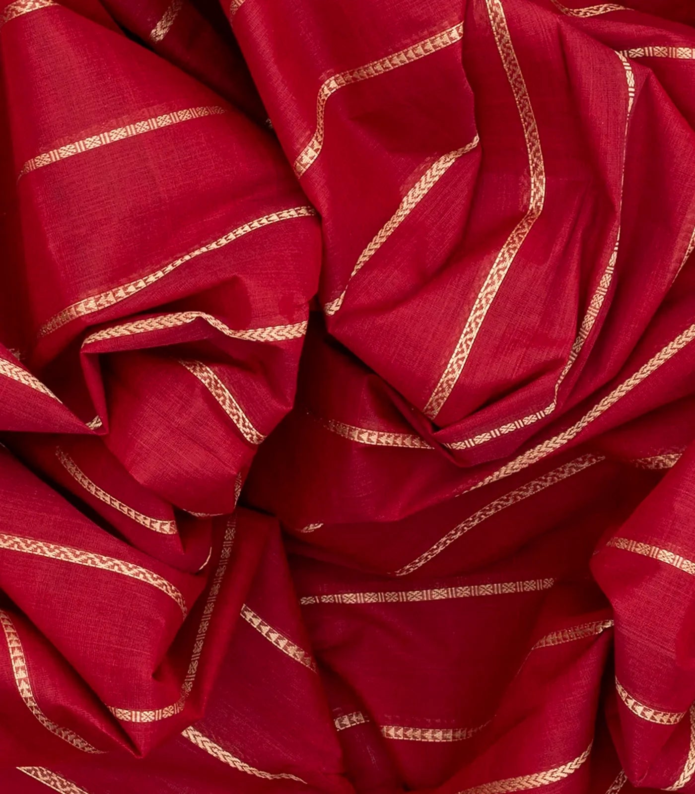 Red Handloom Kanchi Cotton Saree With Veldari Stripes-Red