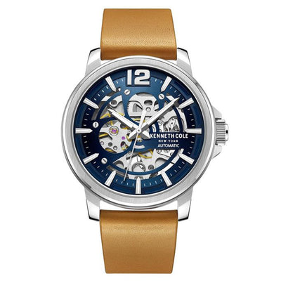 Kenneth Cole Auto Skeleton Blue Dial Tan Leather Men's Watch