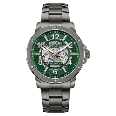Kenneth Cole Auto Skeleton Green Dial Silver Chain Watch for Men