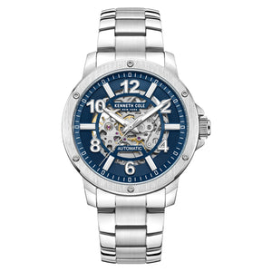 Kenneth Cole Auto Skeleton Blue Dial Silver Chain Watch for Men