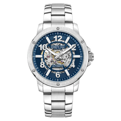Kenneth Cole Auto Skeleton Blue Dial Silver Chain Watch for Men
