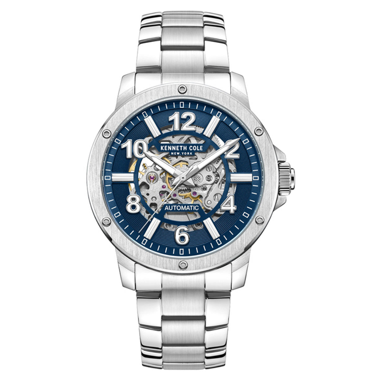 Kenneth Cole Auto Skeleton Blue Dial Silver Chain Watch for Men