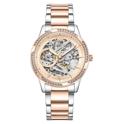 Kenneth Cole Auto Skeleton Rose Gold Dial & Silver Chain Watch for Women