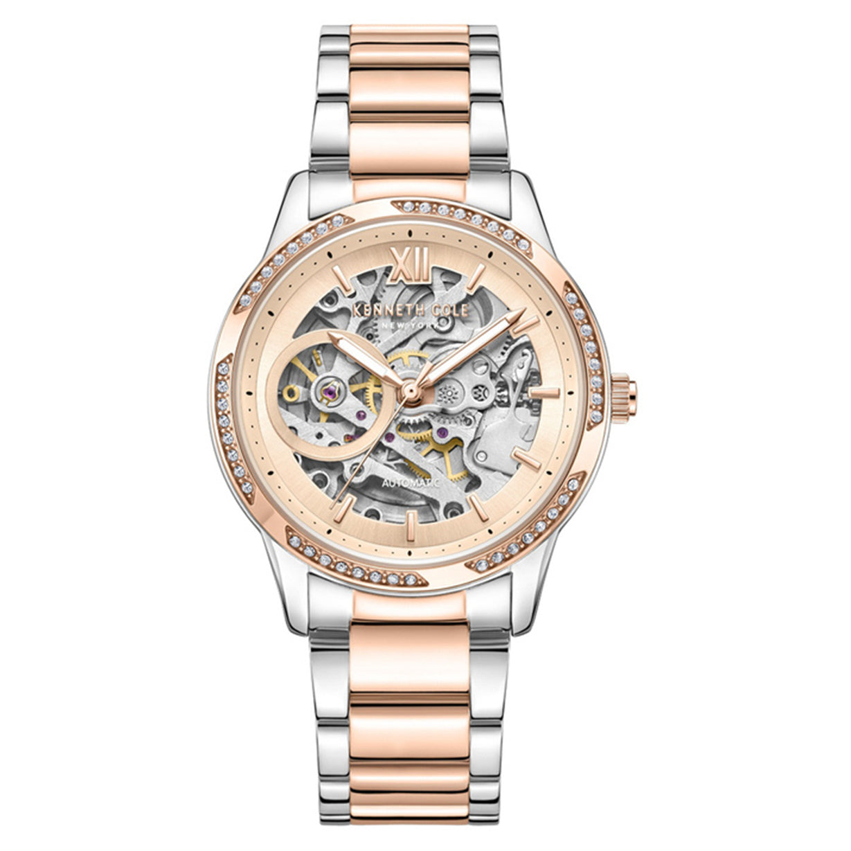Kenneth Cole Auto Skeleton Rose Gold Dial & Silver Chain Watch for Women