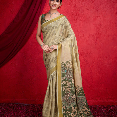Green Poly Silk Festival Saree With Blouse Piece