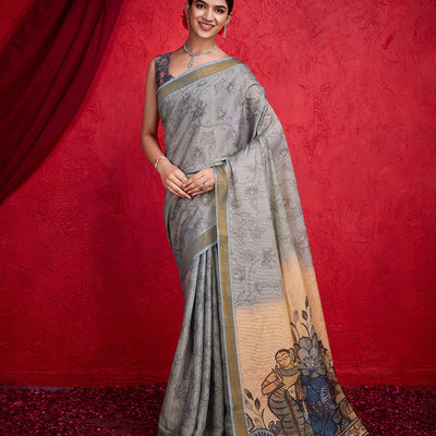 Grey Poly Silk Festival Saree With Blouse Piece