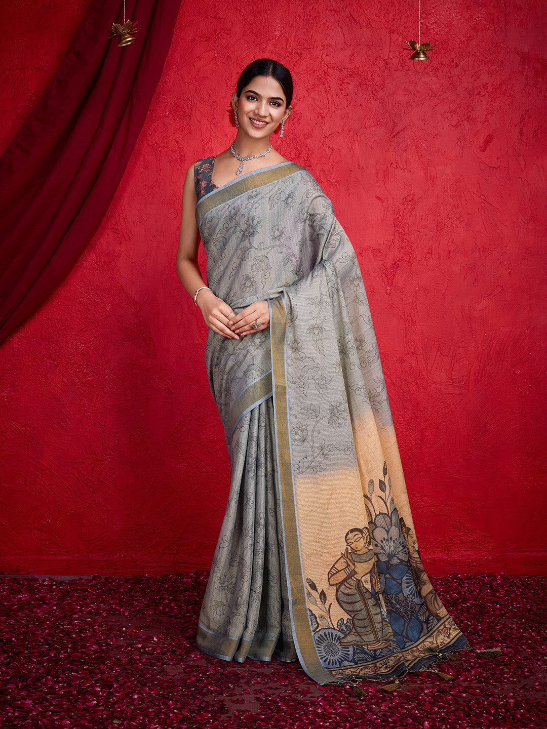 Grey Poly Silk Festival Saree With Blouse Piece