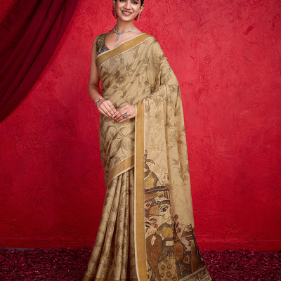 Beige Poly Silk Festival Saree With Blouse Piece