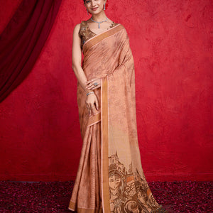 Peach Poly Silk Festival Saree With Blouse Piece