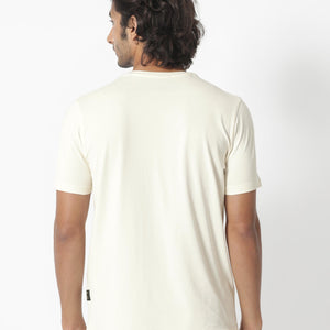 Rare Rabbit Men's Kerwin Beige Crew Neck HD Print Logo on Chest Half Sleeves Regular Fit T-Shirt