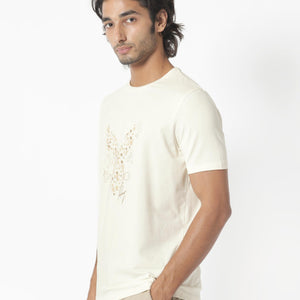 Rare Rabbit Men's Kerwin Beige Crew Neck HD Print Logo on Chest Half Sleeves Regular Fit T-Shirt