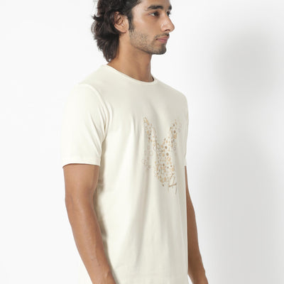 Rare Rabbit Men's Kerwin Beige Crew Neck HD Print Logo on Chest Half Sleeves Regular Fit T-Shirt