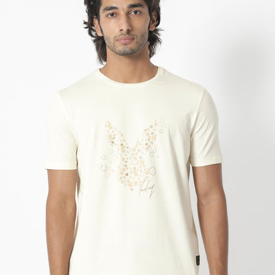 Rare Rabbit Men's Kerwin Beige Crew Neck HD Print Logo on Chest Half Sleeves Regular Fit T-Shirt