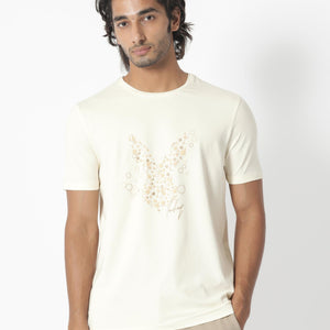 Rare Rabbit Men's Kerwin Beige Crew Neck HD Print Logo on Chest Half Sleeves Regular Fit T-Shirt