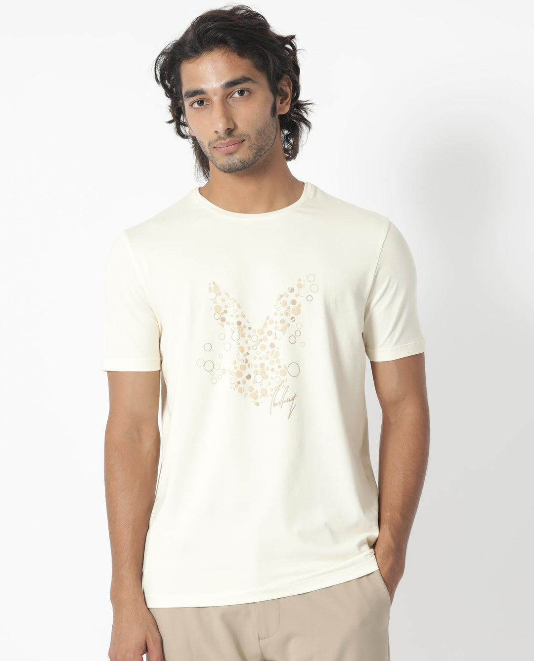 Rare Rabbit Men's Kerwin Beige Crew Neck HD Print Logo on Chest Half Sleeves Regular Fit T-Shirt