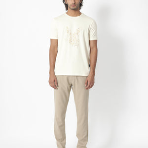 Rare Rabbit Men's Kerwin Beige Crew Neck HD Print Logo on Chest Half Sleeves Regular Fit T-Shirt