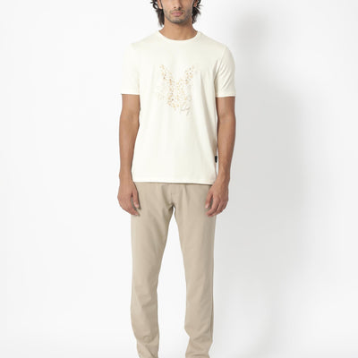Rare Rabbit Men's Kerwin Beige Crew Neck HD Print Logo on Chest Half Sleeves Regular Fit T-Shirt
